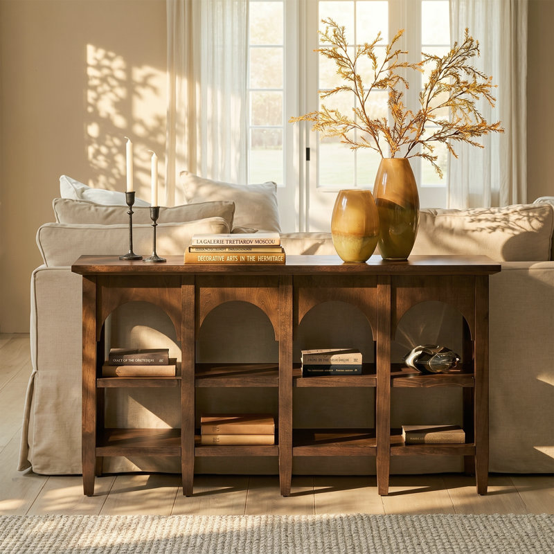 Savana Farmhouse 56'' W Arched Solid Wood Console Table with Adjustable Shelves, Walnut