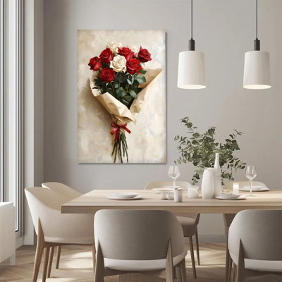 Art mural sur toile encadré en 2 dimensions, bouquet de roses, roses rouges et blanches avec feuilles vertes, impression sur toile réaliste, reproduction d'art sur toile, décoration idéale