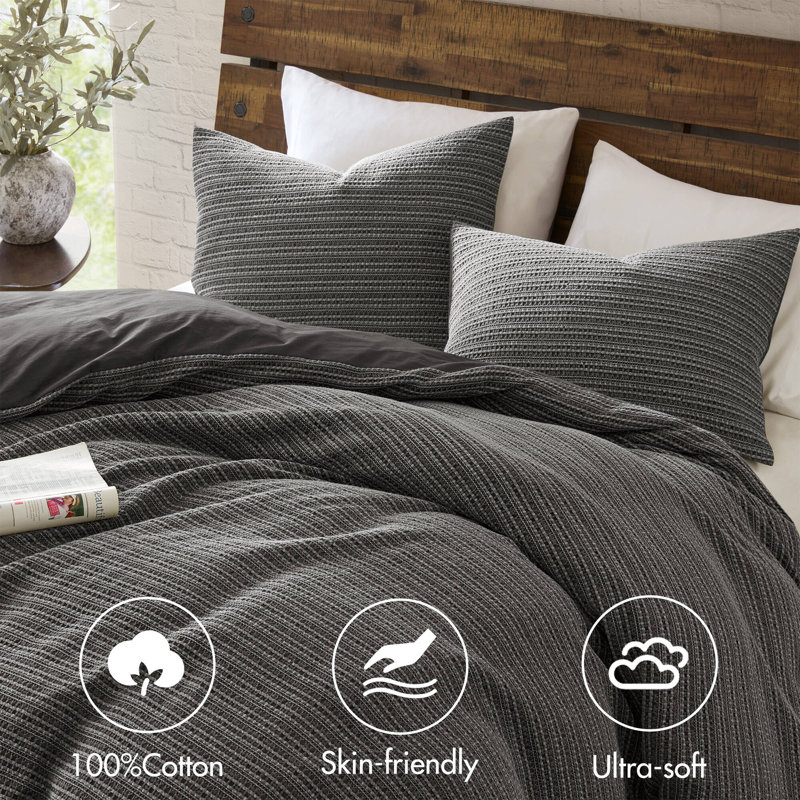 3PCS Waffle Washed Duvet Set, Full / Double Duvet Cover + 2 PIllow Shams