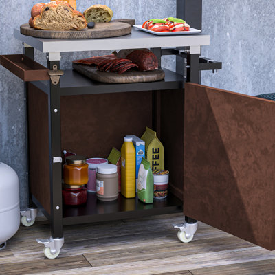 Chariot de barbecue extérieur avec espace de rangement - Roulettes de service mobiles et support pour barbecue, table en acier inoxydable pivotante à 360°