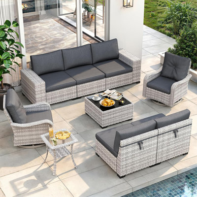 9-Piece Wicker Patio Sectional Sofa Set with Swivel Chairs and Coffee Table-Black
