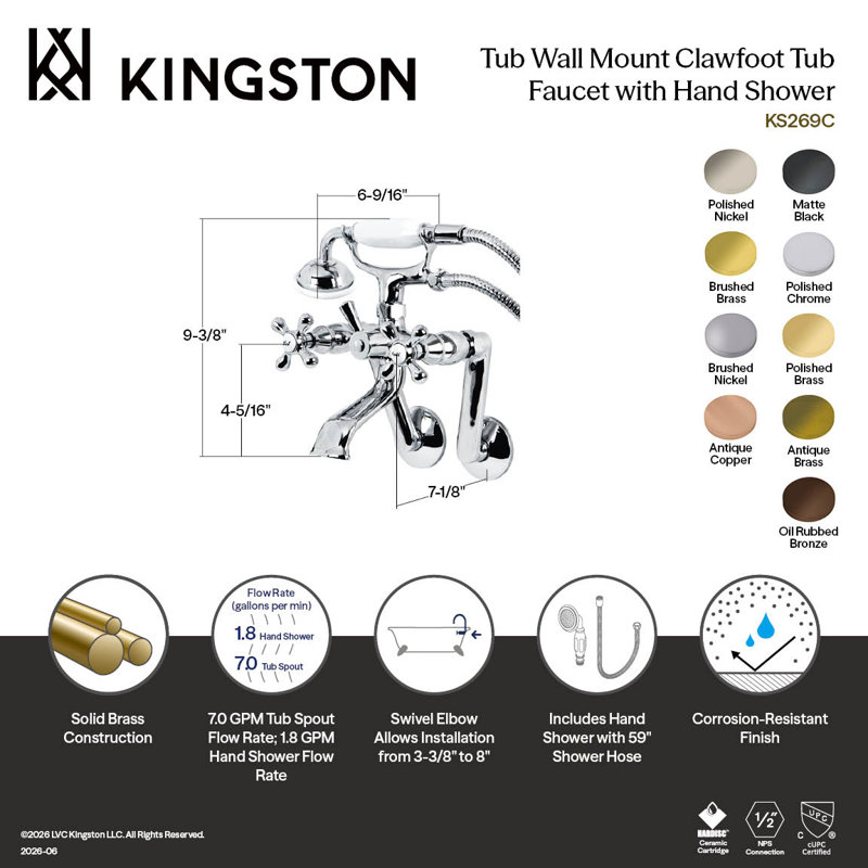 Kingston Brass Kingston Three-Handle 2-Hole Tub Wall Mount Clawfoot Tub Faucet with Hand Shower, Vintage Brass