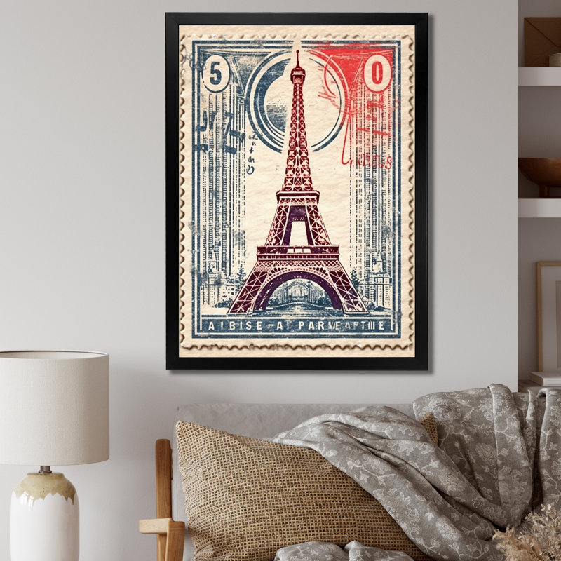 «Retro Stamp Illustration Paris Eiffel Tower I», reproduction sur toile, Cadre simple noir, H 32 po x l 24 po x P 1 po