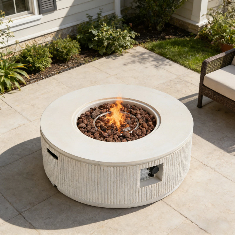 Lightweight MGO Round Propane Fire Pit With Vertical Stripe Design, Steel Burner, Adjustable Flame, Lava Rocks & Rain Cover Included