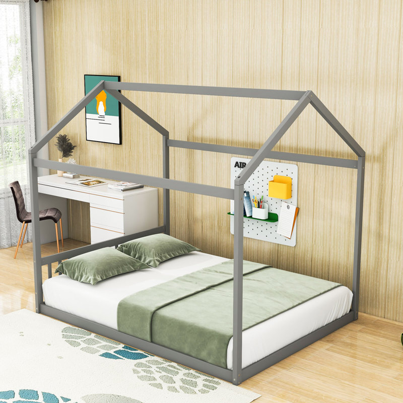 Queen Size Wooden House-Shaped Bed With Durable Slats, Gray