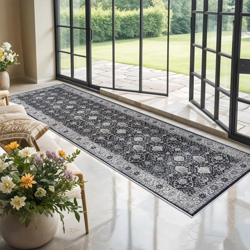 Washable Large Area Rug: Indoor Oriental Living Room Carpet with Non Slip Backing Ultra Soft Low Pile Rugs for Bedroom Dining Room Distressed Stain Resistant Thin Floor Mat (Black)