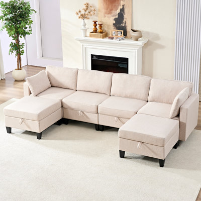 109" W Modular U Shaped Sofa Couch With Storage, Convertible Sectional Couches For Living Room Sets Furniture With Reversible Chaise, 4 Seat Sofa Couch With Ottomans For Home Office