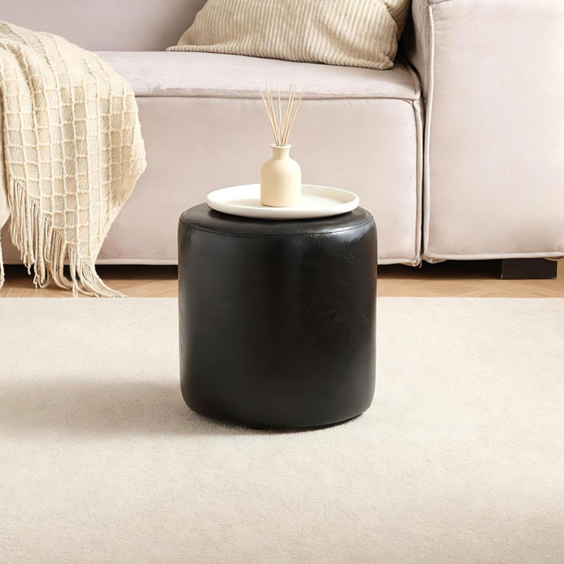 30cm Small Round Faux Leather Upholstered Ottoman, Black