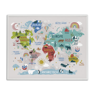 Landmarks & Wildlife Illustration World Map Diagram Chart White Framed Giclee Texturized Art by Lisa Perry Whitebutton
