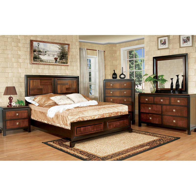 /Walnut Queen Bed, Transitional Bedroom Furniture With Parquet Design Contemporary