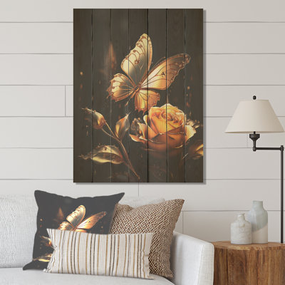 Papillons dorés et noirs Essence Blooms II - Animal papillon sur bois