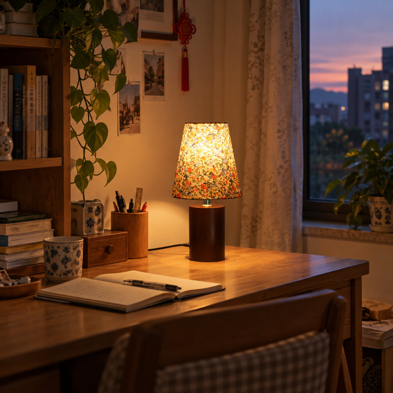 Lampe de table en tissu de noyer floral 6 pouces avec gradation à 3 niveaux pour une ambiance de chevet rétro