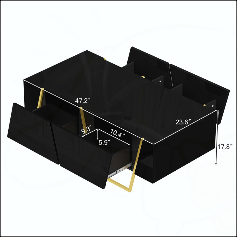 Table basse rectangulaire moderne ultrabrillante avec rangement spacieux et base dorée élégante, parfaite pour les salons contemporains
