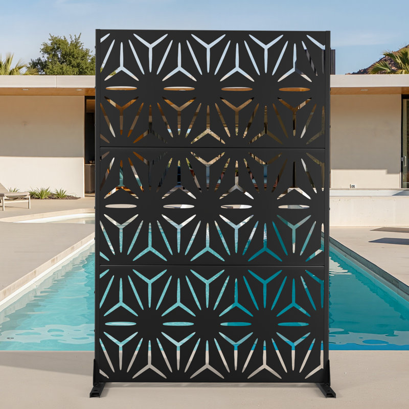  Metal Privacy Screen Fence Panel -72" H Freestanding Outdoor  Privacy Screen with Stand for Patio, Balcony or Deck, Black