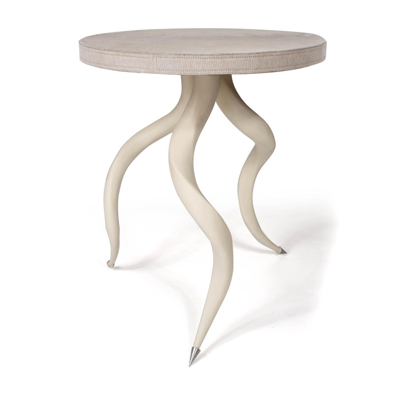 Polished Inner Horn End Table with Cream Cow Hide Top