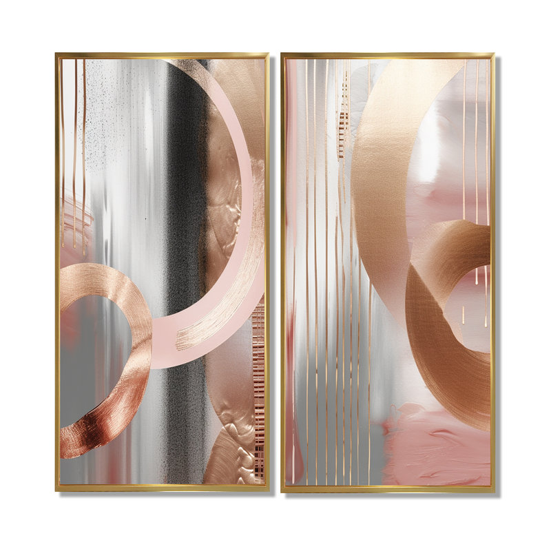 «Pink Rosegold Circle Chaos V» - Art mural moderne, H 40 po x l 40 po, Impression encadrée flottante, Doré