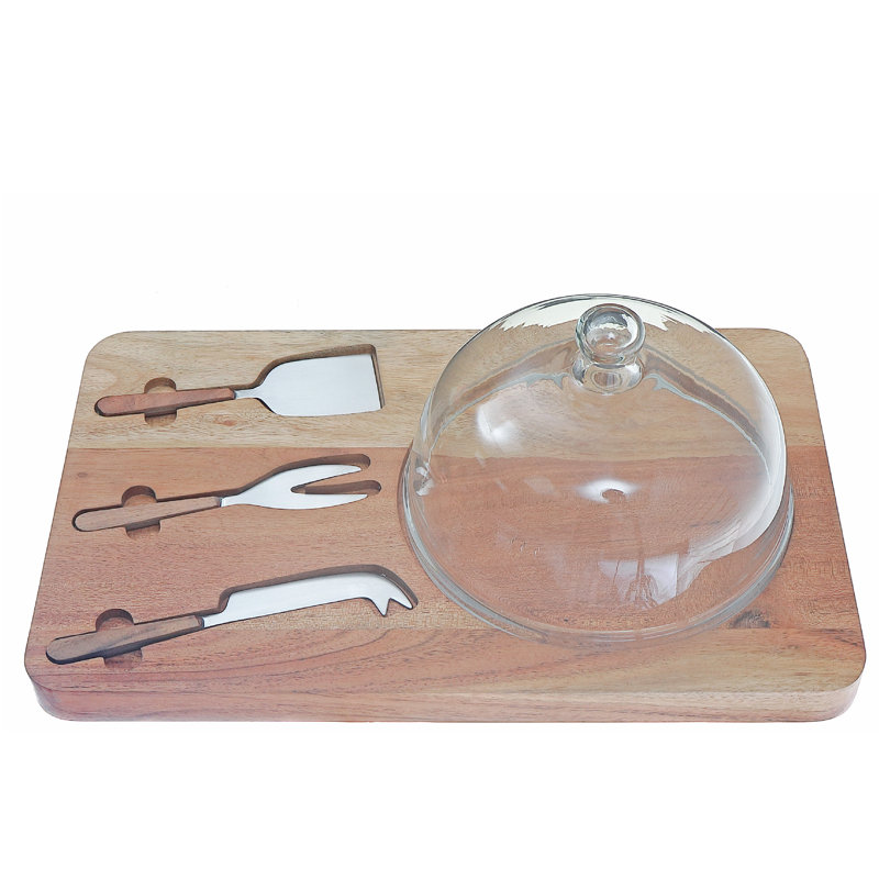 Plateau à fromage en bois d'acacia avec ensemble d'outils à fromage 3 pièces et dôme en verre
