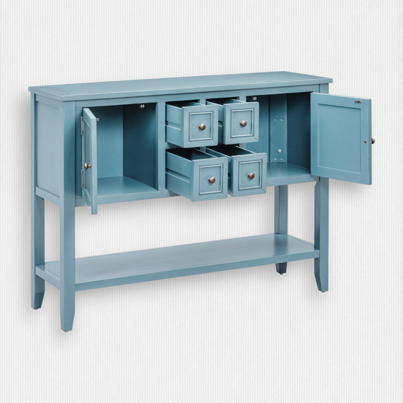 Desserte en bois d'acacia à 4 tiroirs de 46 po de largeur Voight, Bleu marine clair