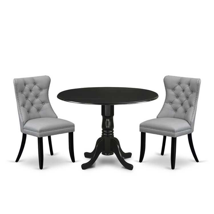 3-Piece Antique Walnut Finish Solid Wood Top-Round Upholstered Dining Room Set with Dropleaf-Seats 4, Black, Light Gray