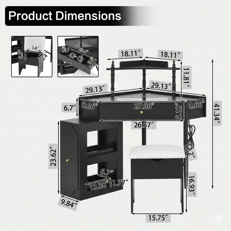 Corner Vanity Desk Set Including A Storage Cushioned Stool And A Charging Station. This Triangular Makeup Desk Has A Removable Pull-Out Side Cabinet And A Glass Tabletop. The Vanity Desk Includes A Drawer And A Shelf, In Black.