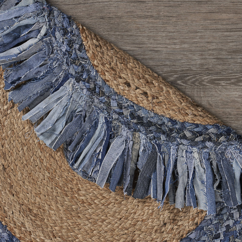 Tapis d'intérieur en jute de fibre naturelle tressé à la main avec frange Whimsical, Rond 5 pi 6 po