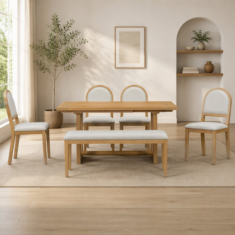 Ensemble de table et de chaises extensibles en bois massif pour 6 personnes avec banc rembourré