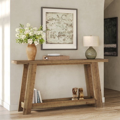 63" Solid Wood Console Table for Entryway, Living Room, Farmhouse Entryway Table with 2-Tier Shelf