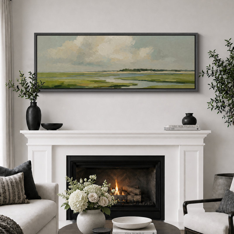 «Green Marshland Cloud», art de paysage, images de salon, estampe numérique sur toile encadrée, 3 pièces, Black Frame