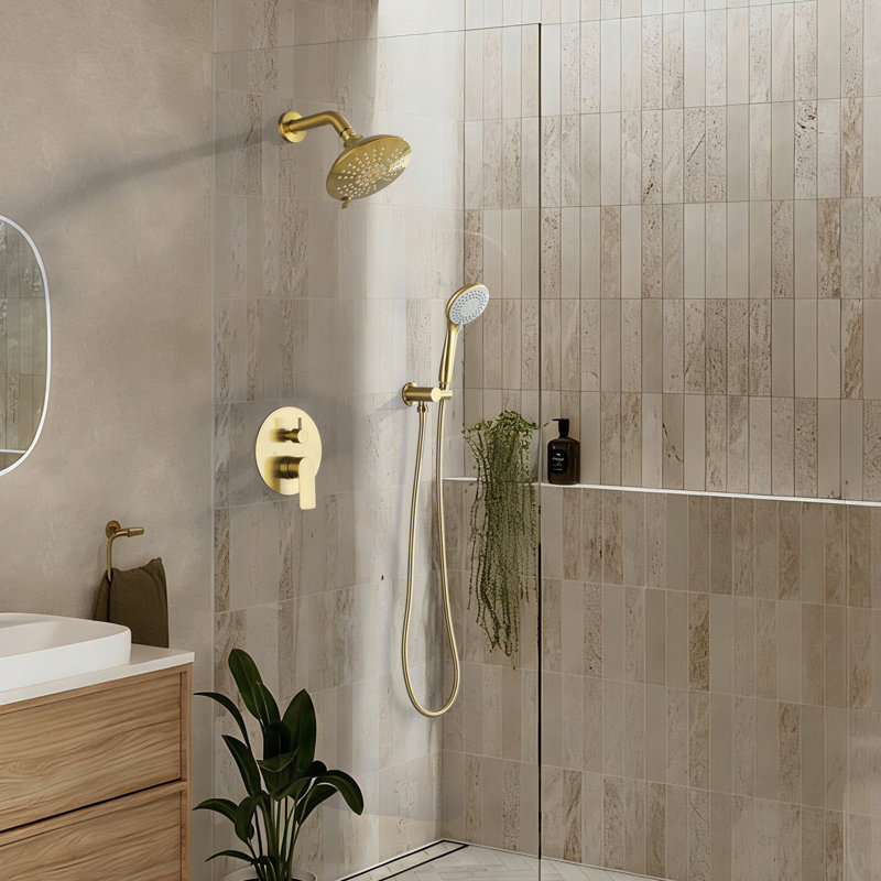 Wall Mounted Solid Brass Complete Shower System,5 Functions Shower Kit With Rough-In Valve, Brushed Gold