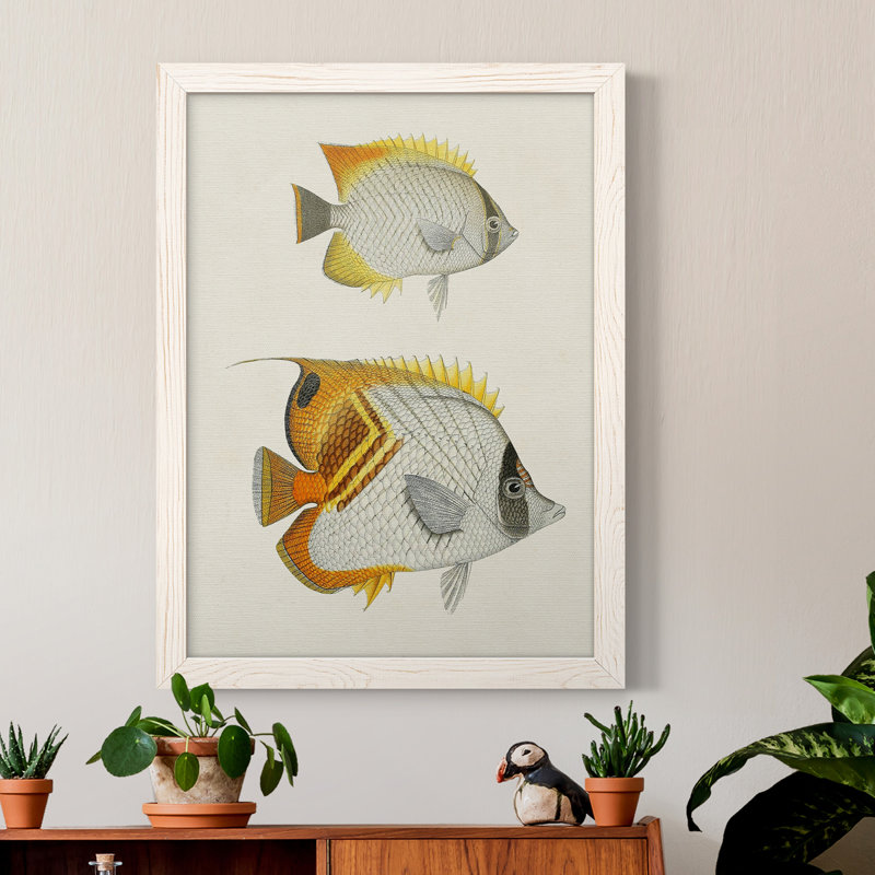 Jaune et gris poisson I, toile encadrée de qualité supérieure - prête à être accrochée, H 44 po x l 31 po x P 1 po, Blanc
