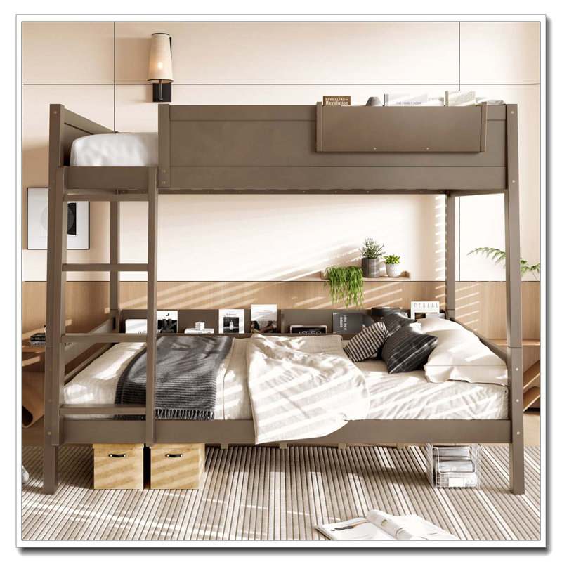 Lit superposé avec tablette de rangement et bibliothèque, lit superposé en bois avec échelle et garde-corps, Grand lit, Brun