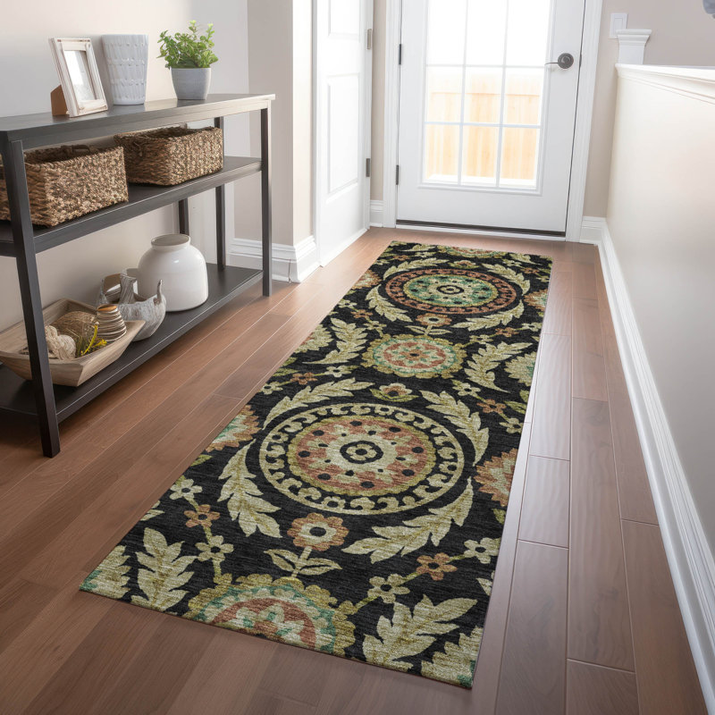 Premium Machine Washable Prisco Black Rug, Runner 2'3" x 7'6"
