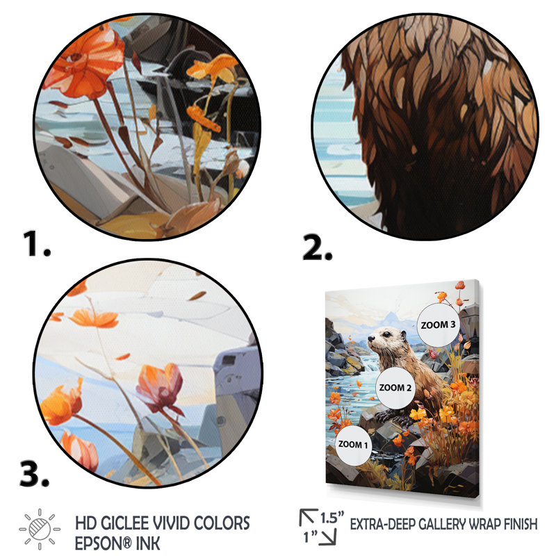 Loutre brune ludique rivière Dweller - imprimé, Encadrement doré, H 44 po x l 34 po x P 1,5 po