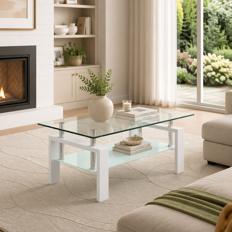 Table basse de salon en verre trempé transparent à 2 couches avec pieds blancs 100 x 55 x 45