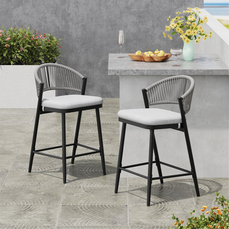 Ensemble de 2 tabourets de comptoir avec cadre en métal et rotin en PE pour l'extérieur, Gris, Noir