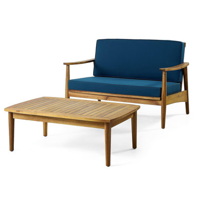 Ensemble de causeuse et de table basse pour le patio, ensemble de meubles de patio avec coussin, ensemble de conversation avec cadre en bois d'acacia pour le jardin, la cour, le porche et la piscine, style minimaliste