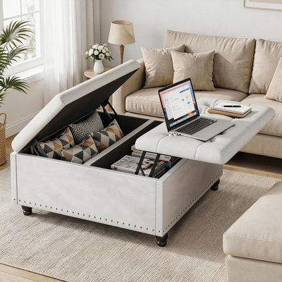 33.5"W Upholstered Square Coffee Table Storage Ottoman With Split Lift Top
