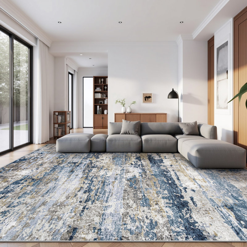 Modern Abstract Neutral Washable Non-Slip Low-Pile Area Rug in Blue Grey Brown, 8' x 10'