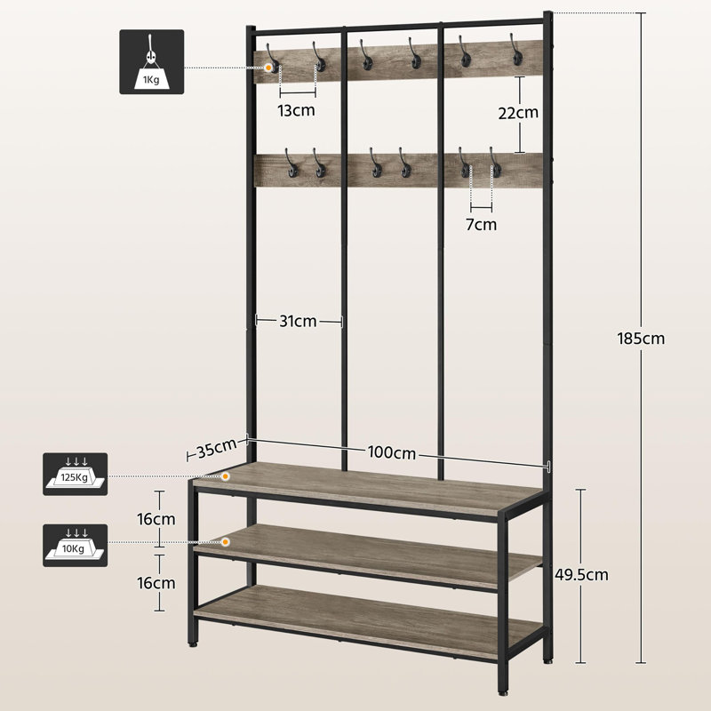 Hall Tree 100cm Wide with Bench and Shoe Storage, Grey