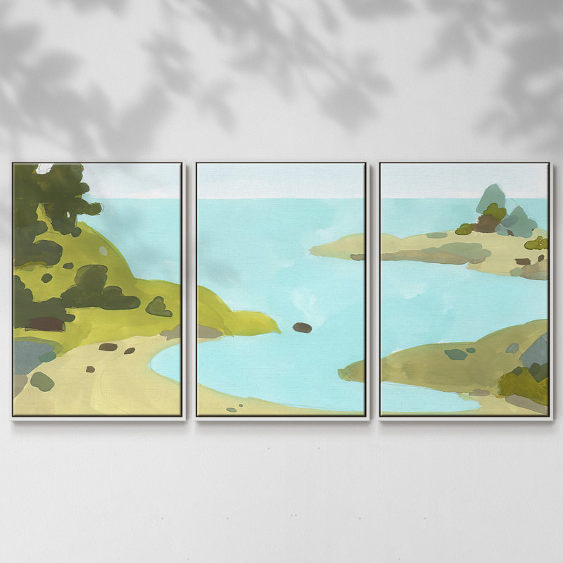 «Coastal Inlet IV», peinture sur toile 3 pièces, H 24 po x l 48 po, Cadre blanc