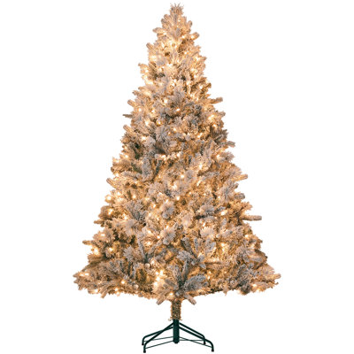 7.5 ft Pre-Lit Artificial Christmas Tree with 500 Clear Lights and 1530 Tips, Snow Flocked Christmas Tree with Metal Stand, Hinged Xmas Tree for Home Office Holiday