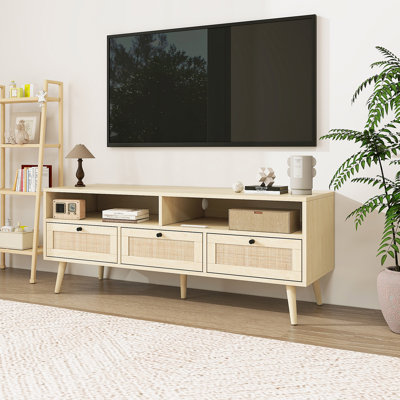Meuble télé en rotin avec pieds en bois massif, console télé pour le salon