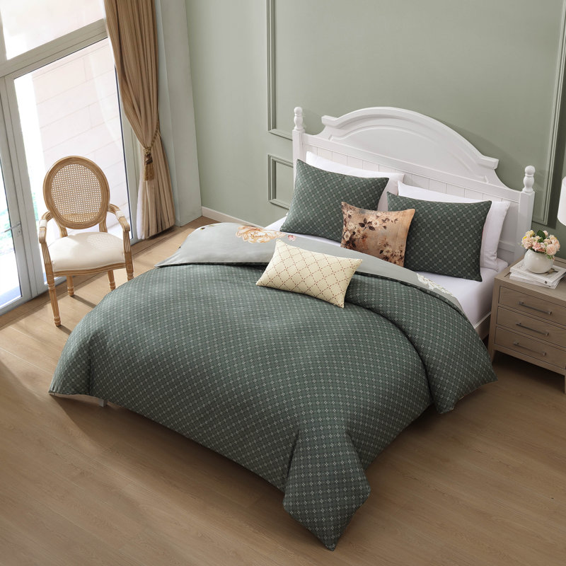 Blush and Sage Floral Queen Cotton Reversible Comforter Set