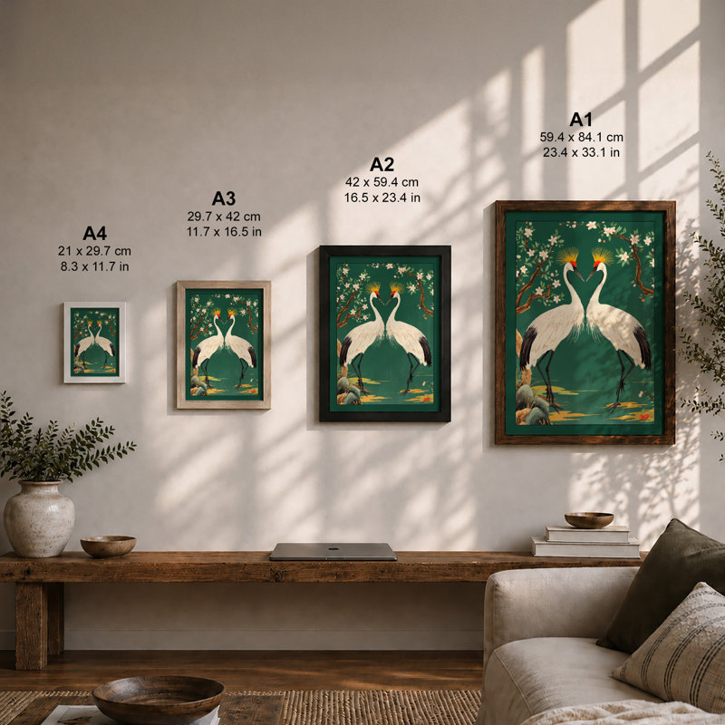 Cranes in Bloom Japandi - Framed Print, A2 - 59.4 x 42.0 cm, Walnut