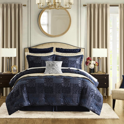Navy 4 Pcs King Comforter - 1 Comforter, 2 Shams, Bed Skirt 2022 Improved Method For Durability Confirmed Zippers On Shams Exquisite Patchwork And Chenille Design Style Upgraded Process Enhanced