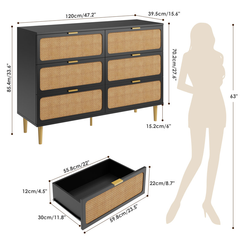 Rattan 6 Drawer Dresser For Bedroom, Chest Of Drawers With Deep Drawers