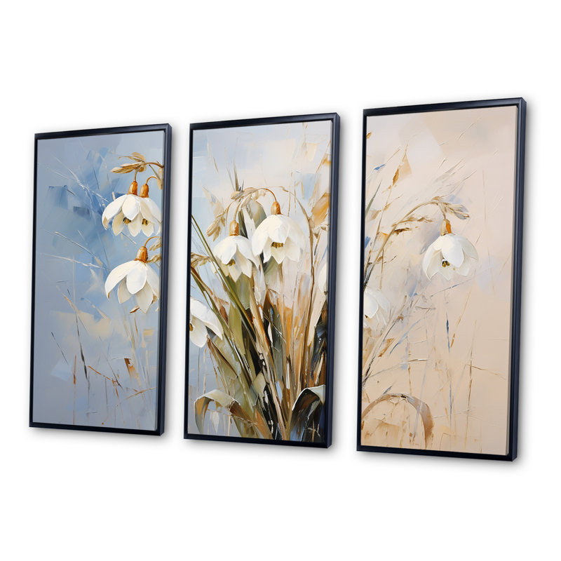 «White and Blue Snowdrops Simplicity II», ensemble d'art mural Snowdrops, H 28 po x l 36 po x P 1 po, Cadre flottant noir