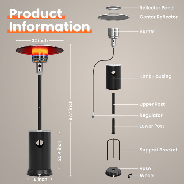KEZATO 48,000 BTU Propane Patio Heater - 87 Inches Tall, Bronze, Wheels, For Outdoor Use (Propane Tank Not Included)