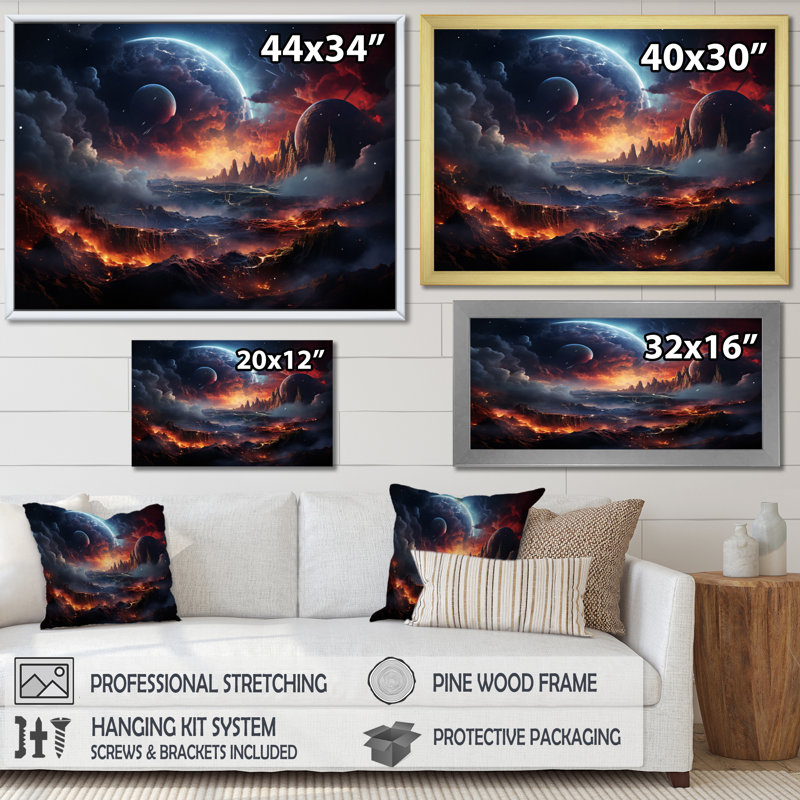 Orange, noir, astronomique, espace, rêves II, H 34 po x l 44 po x P 1,5 po, Cadre flottant doré