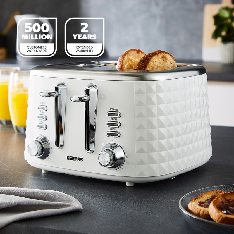 GEEPAS Argyle 4 Slice Toaster | 7 Browning Levels with Cancel Defrost Reheat | For Thin Small Bread Slice | 2 Independent Controls 2 Removable Crumb Trays High Lift | 2 Yr Warranty 1750W
